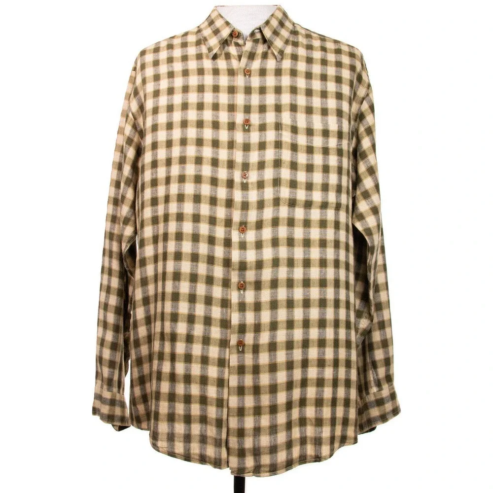 J Crew 100% Linen Mens L Brown Plaid Check LS Button Front‎ Shirt